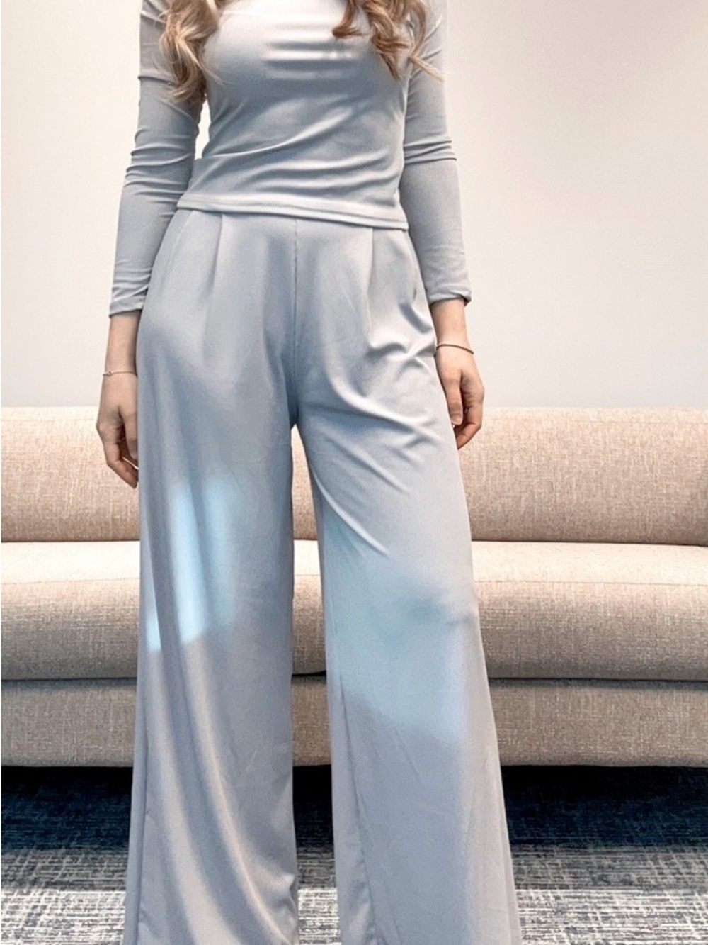 Wide-Leg High-Waist Women's Pants in Light Blue
